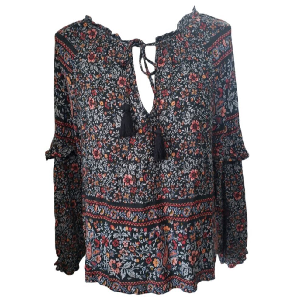 American Eagle Women's Lightweight Boho Floral Top with Ruffled Sleeve Small